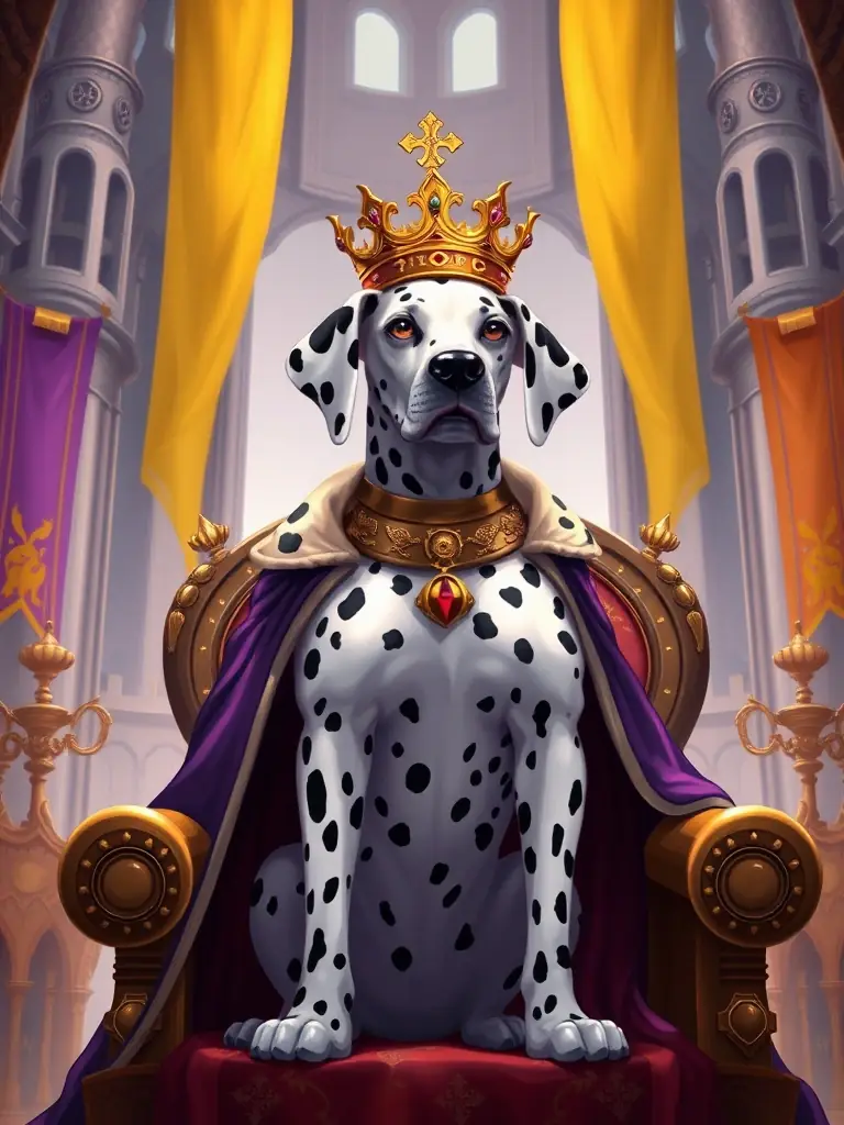 A regal and majestic illustration of a Dalmatian king, adorned with a crown and royal attire, symbolizing leadership and rarity within the DalmatiDogs NFTs.